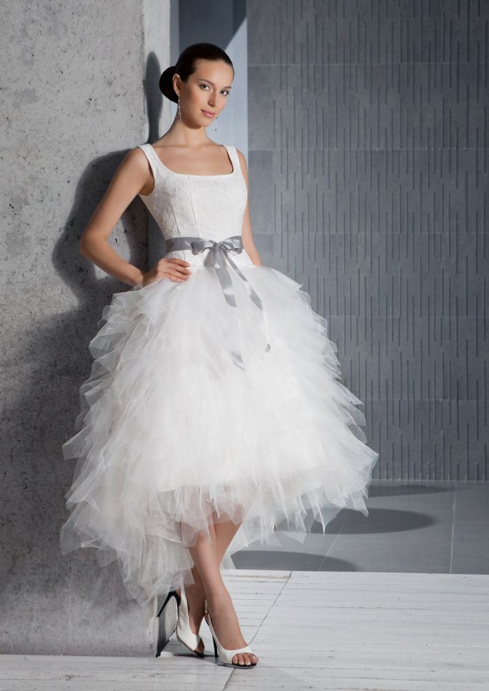 spring 2012 romantic wedding dress tea length tulle structured bodice with sash