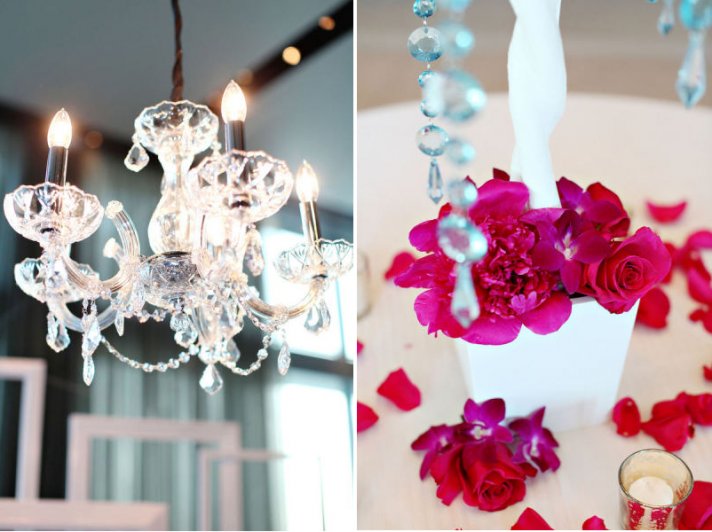 hot pink purple orchid wedding flowers chandelier venue