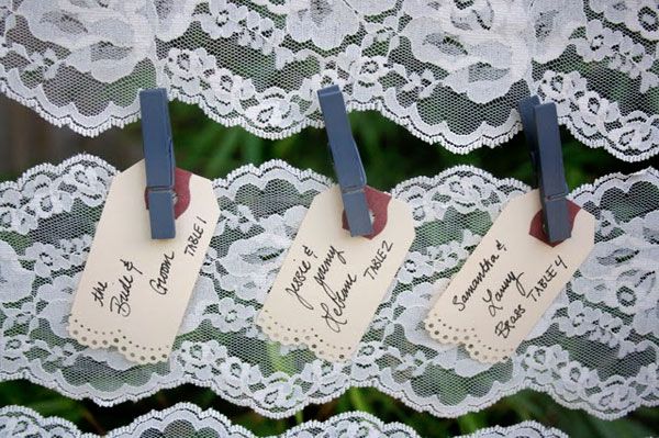 romantic outdoor wedding lace DIY project escort card display
