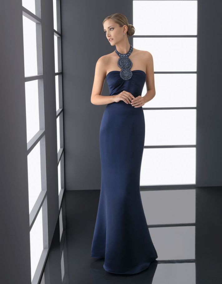 navy blue bridesmaid dress elegant statement neckline