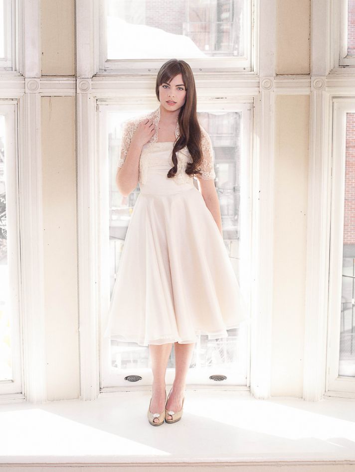 simple tea length wedding dress ivory lace bridal bolero vintage inspired