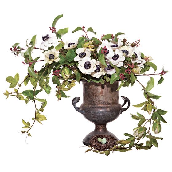 unique wedding centerpiece Anemones blackberries sumac passion vine faux bird s nest