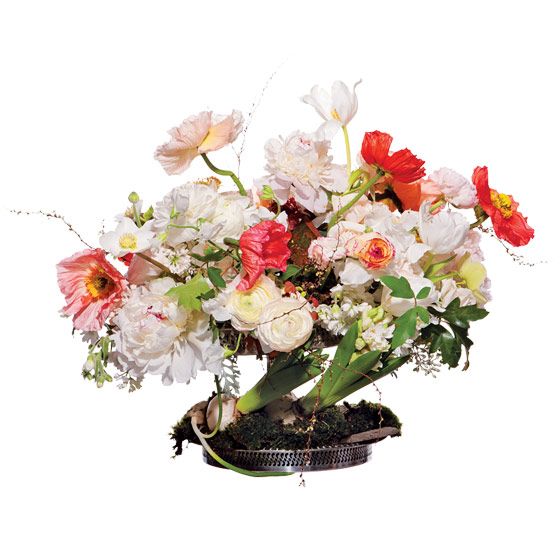 unique wedding centerpiece Icelandic poppies Majolica spray roses peonies ranunculus sweet pea lilac
