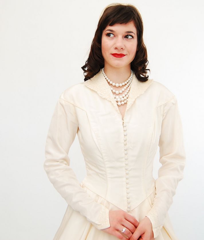taffeta wedding dress for vintage brides sleeves covered buttons