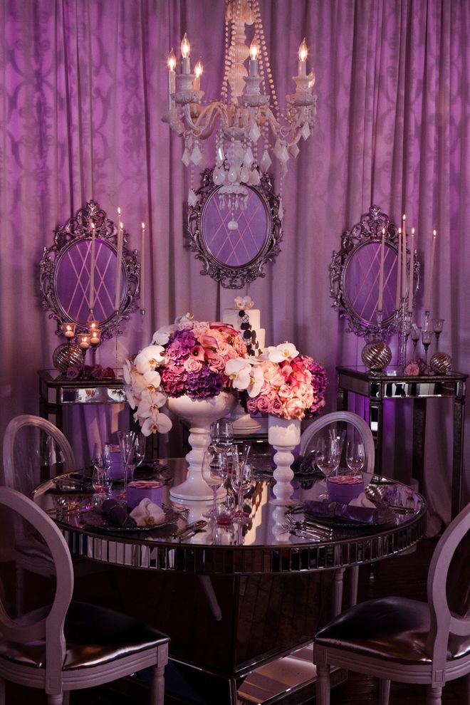 elegant purple silver ivory wedding reception sweetheart table mirrored touches