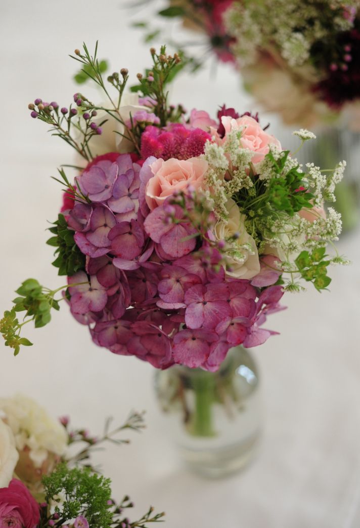 real wedding photography planning inspiration reception centerpiece pink hydrangeas