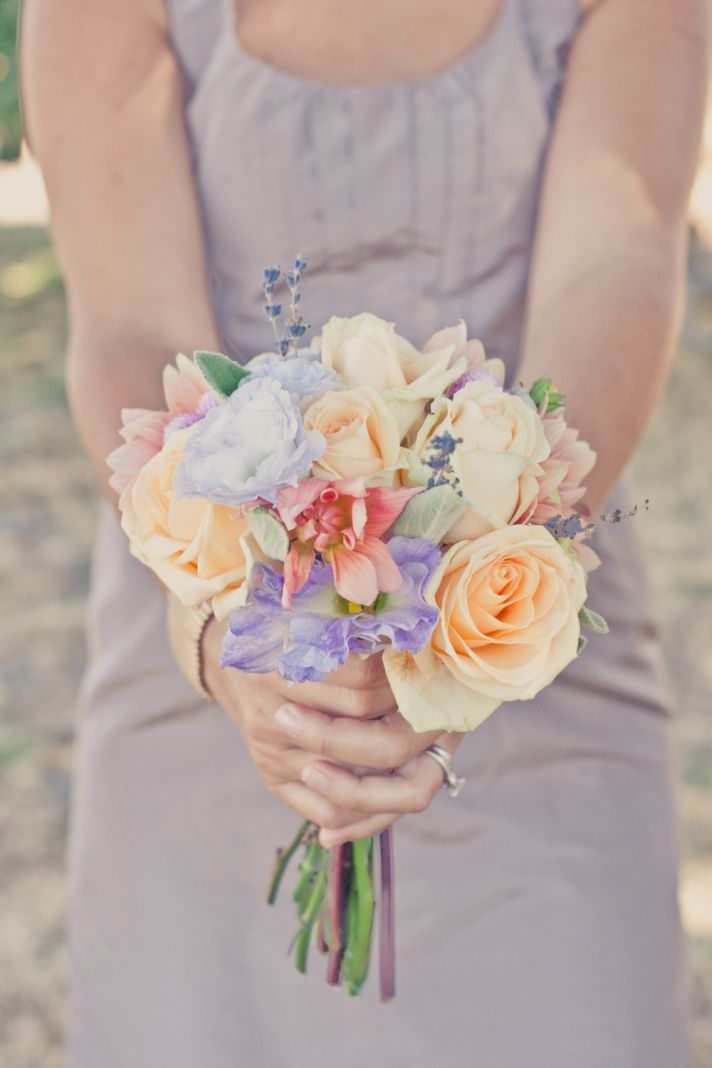 wine country wedding peach lavender bridesmaid bouquet