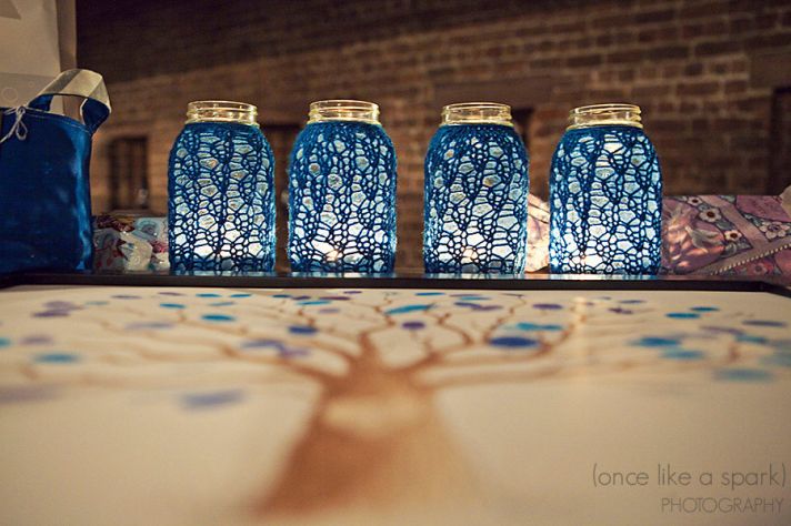 things brides love Mason Jar wedding reception decor centerpieces blue crochet