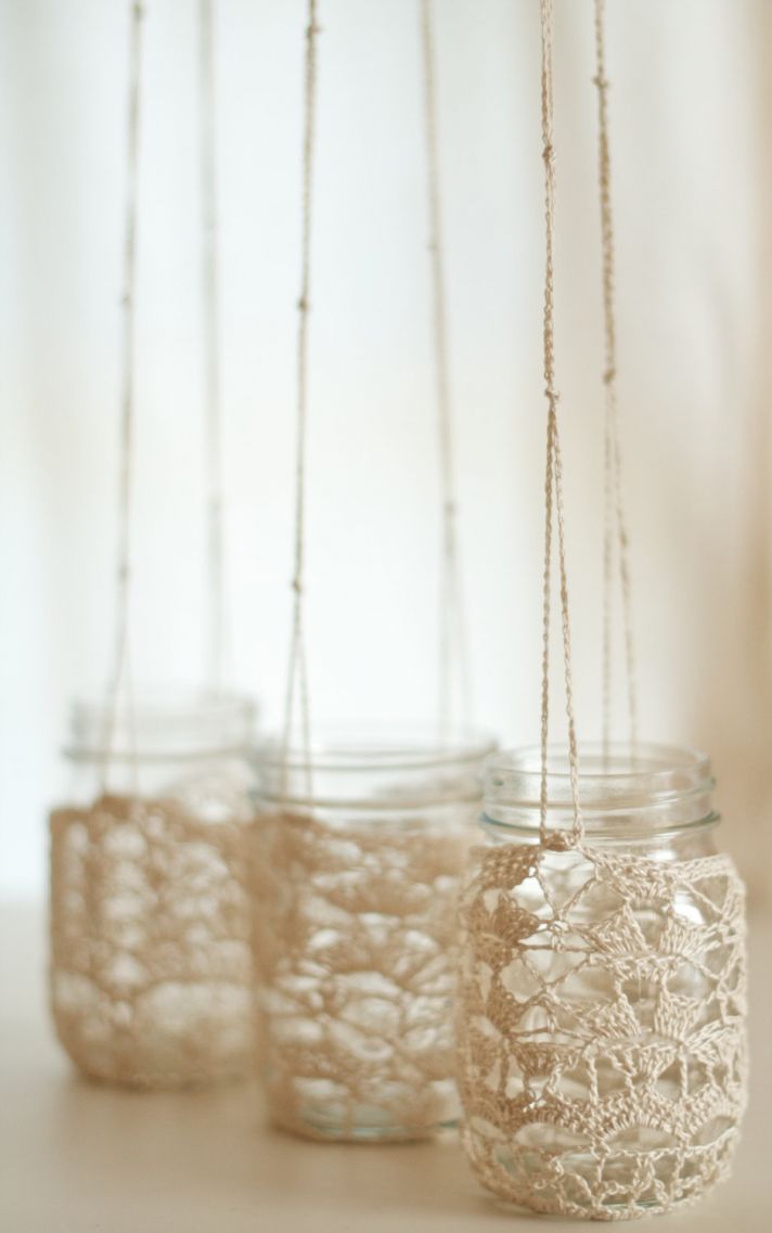 things brides love Mason Jar wedding reception decor centerpieces chrochet chandelier