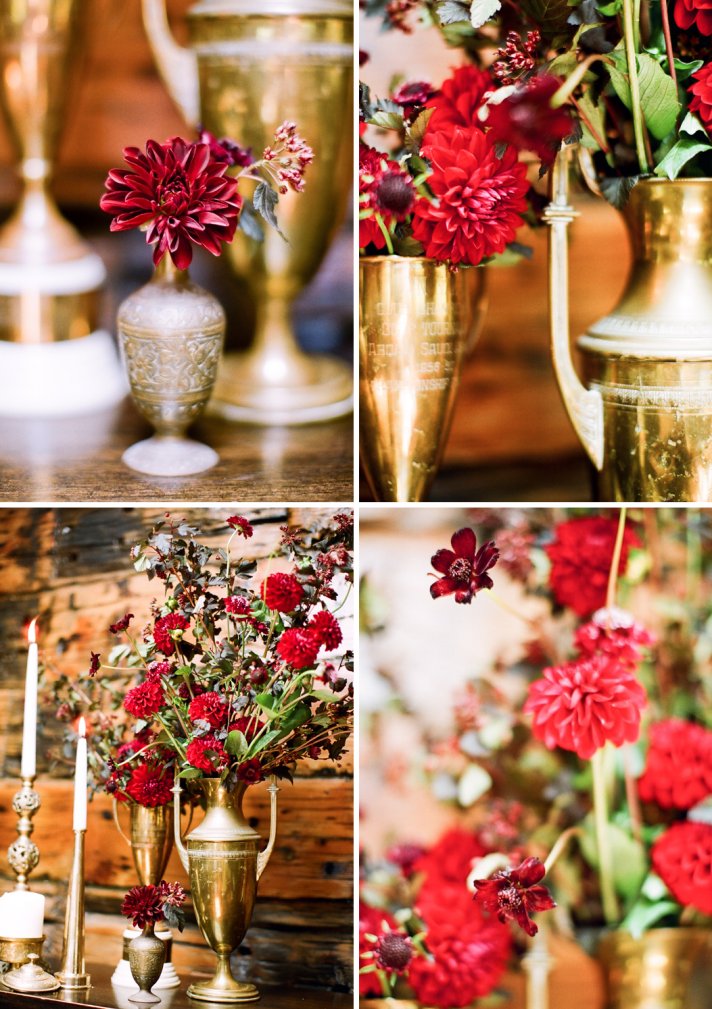 red gold burgundy wedding flowers elegant reception table