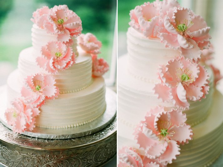 3 tier classic wedding cake with light pink sugar flowers
