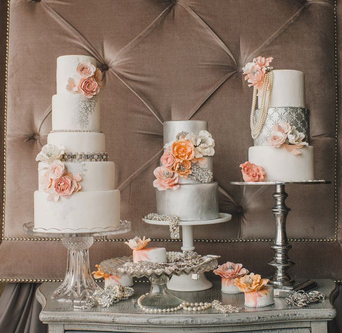 Silver Ivory Wedding Cakes with Pastel Blooms