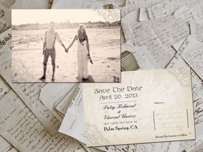 Vintage Postcard Wedding Save the Date with Engagement Photo