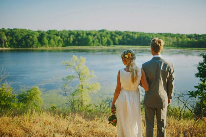 Outdoor Lakeside Wedding Bride and Groom Portrait