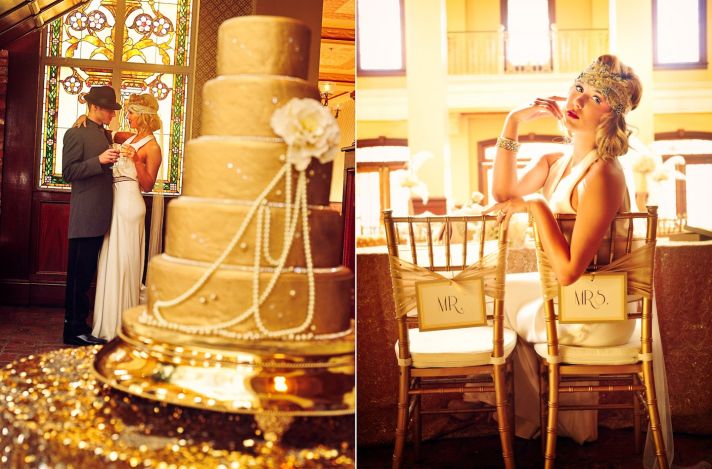 Gilded Gold Wedding Cake at Great Gatsby Themed Reception