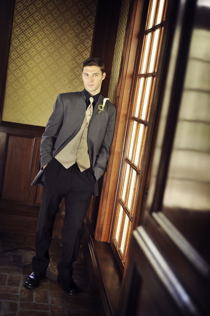 Vintage Inspired Grooms Attire Gold and Charcoal