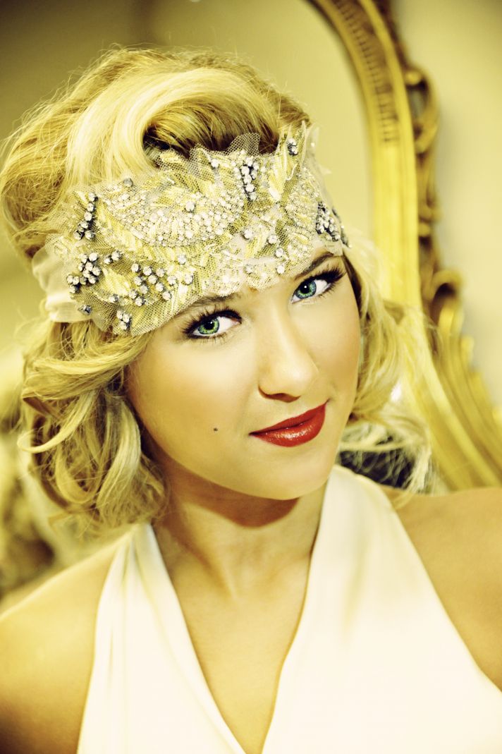 Gorgeous Vintage Bride with Embellished Headband and Bright Red Lips