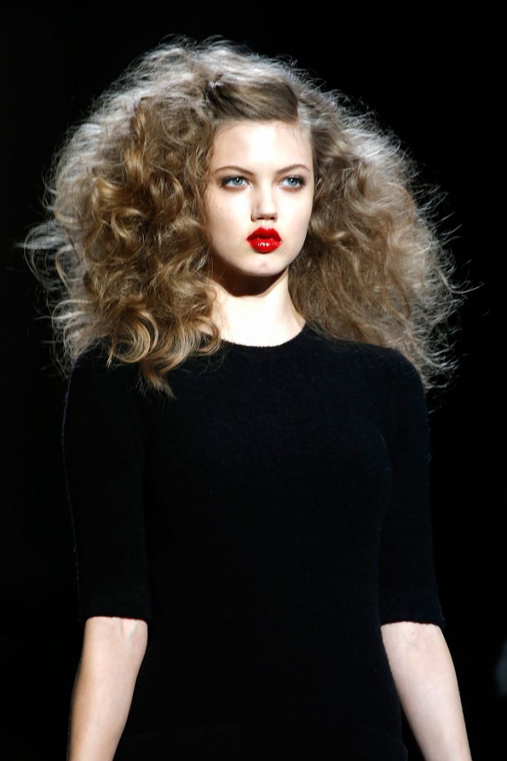 Wedding Hair Inspiration from Fashion Week Red Glossy Lips Big Hair