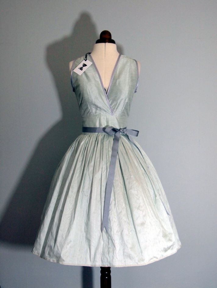 vintage inspired light blue one shoulder wedding dress