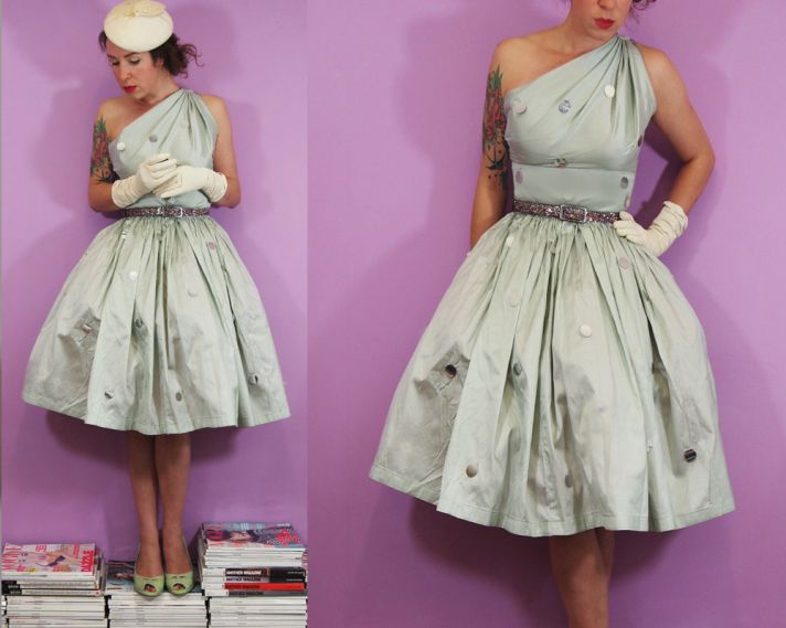 vintage inspired light blue one shoulder wedding dress