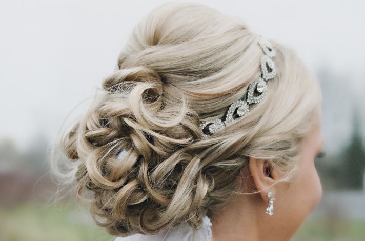 Crystal bridal headband with curled updo