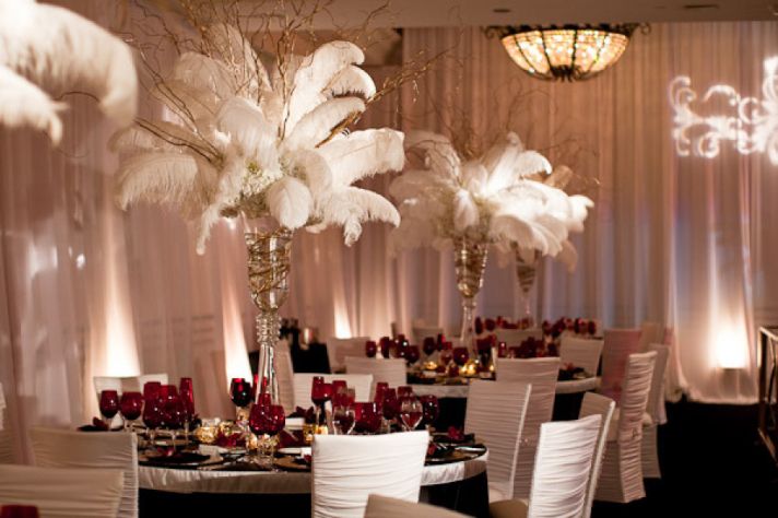 white feather wedding topiary centerpieces for old hollywood themes