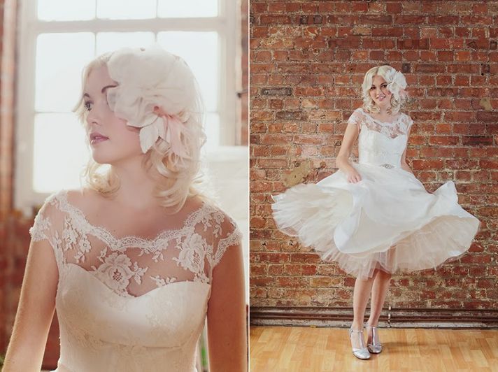Lace illusion neckline tea length wedding dress