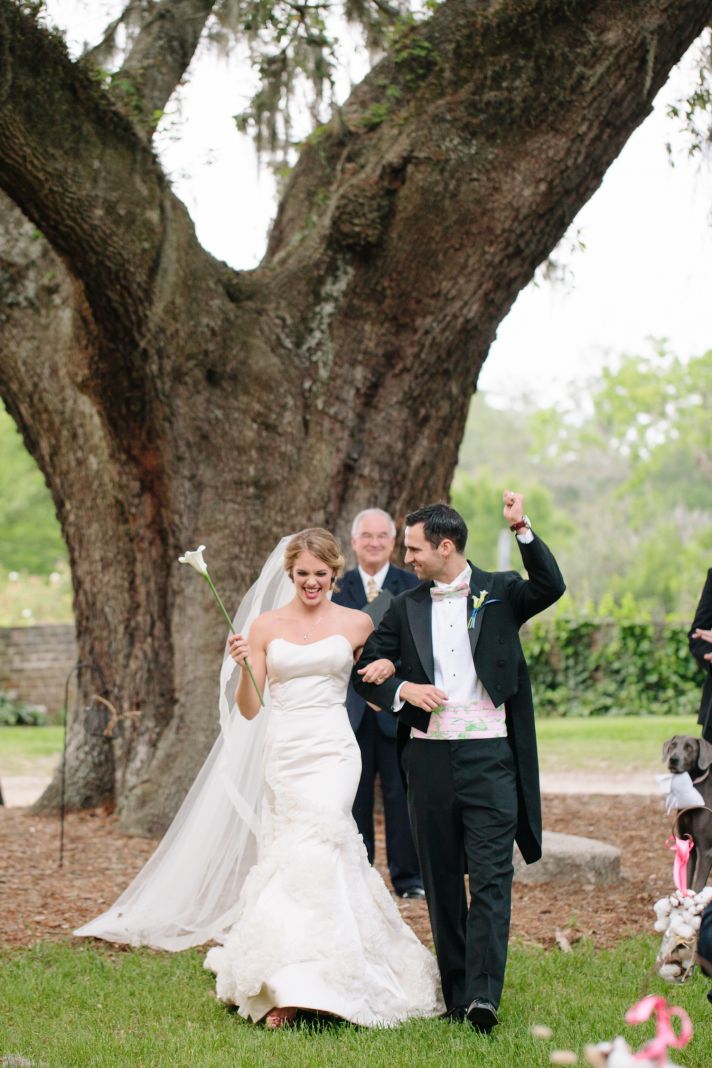 Southern bride and groom exit the wedding ceremony