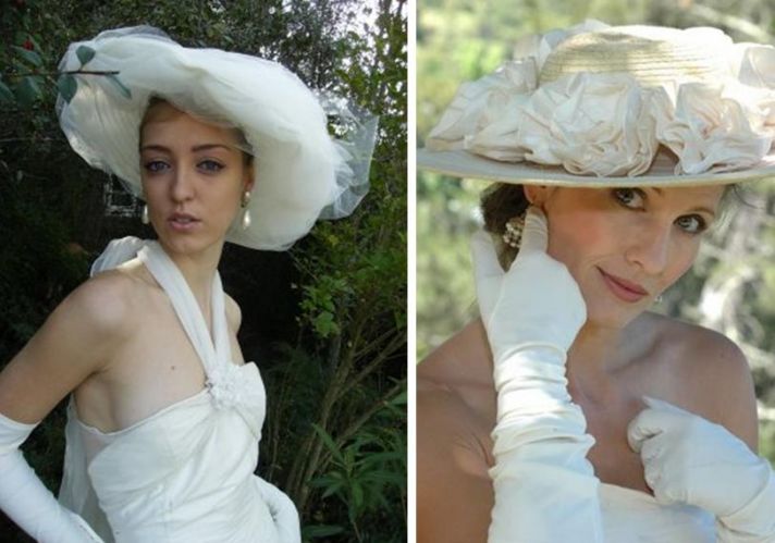 Picture Hats: Horsehair hat wrapped in ivory tulle & Straw hat with hand-rolled silk dupion cabbage 