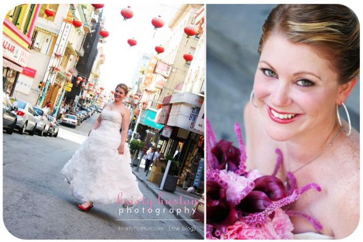 Beautiful bride in strapless dress with full, puffy skirt poses in a Chinatown street
