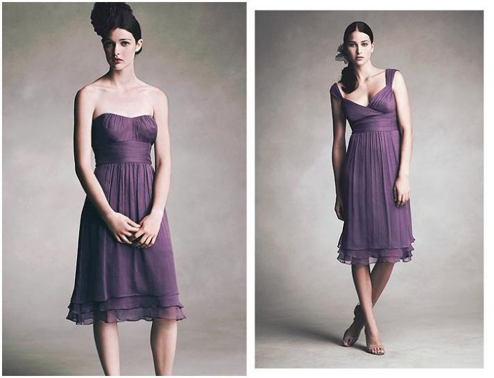 Short strapless dress in violet, ruffle bottom; Empire waist, short dress in violet, charmeuse