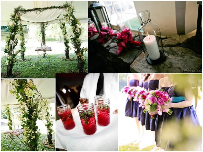 Green and ivory floral arch for wedding ceremony; vibrant bridesmaid bouquets with fuchsia and pink 