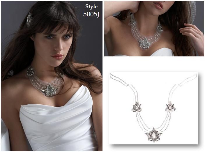 Stunning white, platinum and topaz bridal necklace, three thin pearl strands on white netting