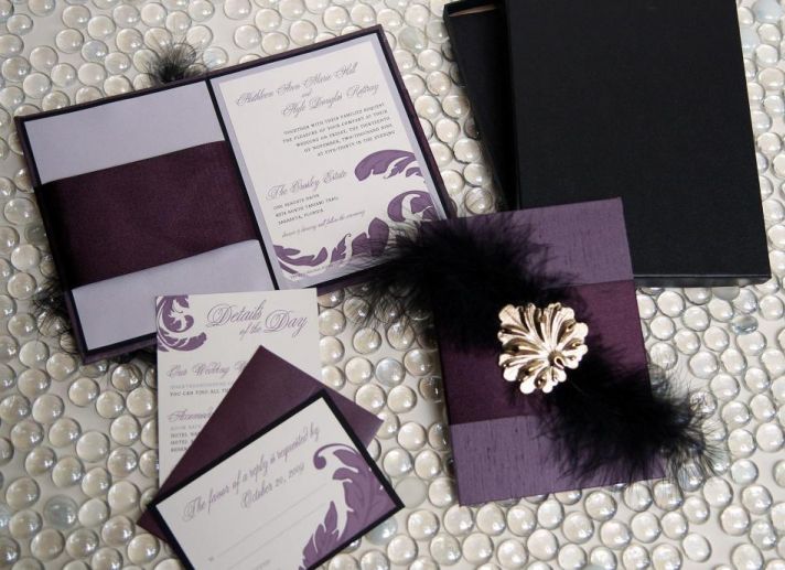 Hardbound eggplant, black, white wedding stationery with golf leaf embellishment & feathers