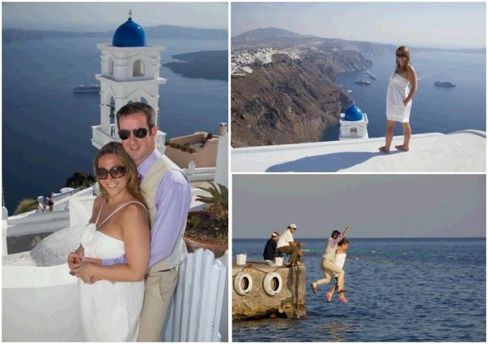 Beautiful newlyweds posing in Santorini, Greece.  Jump into sea together!