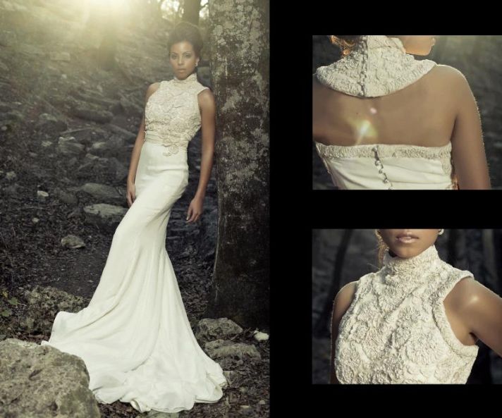 Stunning ivory Beth Elis wedding dress with high, dramatic collar and beautiful pearl buttons