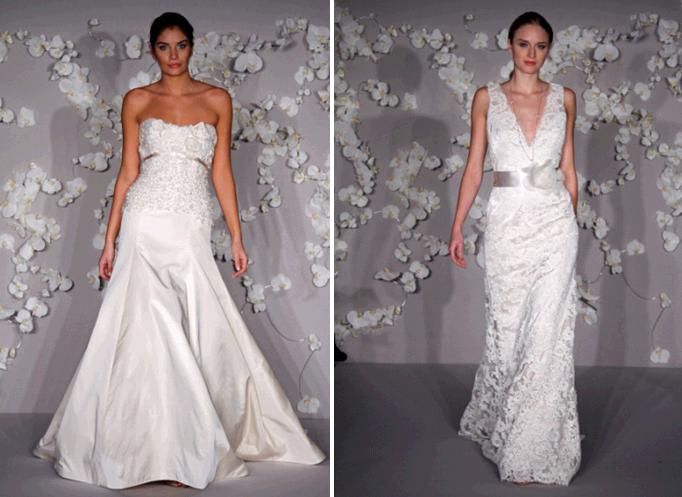 White wedding dresses with alencon lace, ribbon at waist, deep plunging neckline