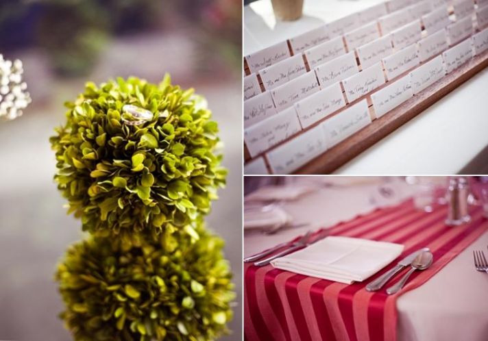 Beautiful diamond and ruby wedding bands sit on green plant; escort card table, and red and white ta