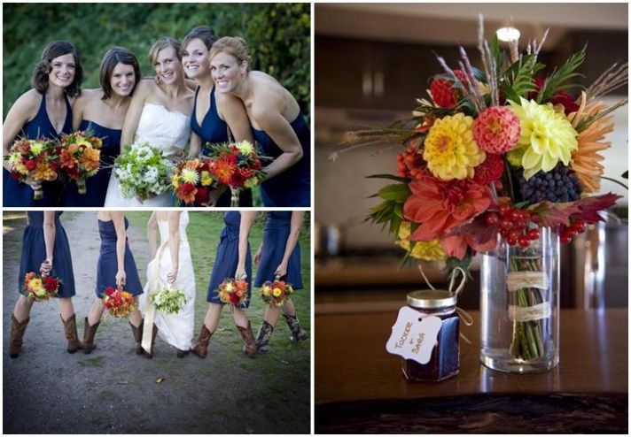 Bridesmaids in navy blue dresses, bride in strapless lace ivory wedding dress, wear cowboy boots, ho
