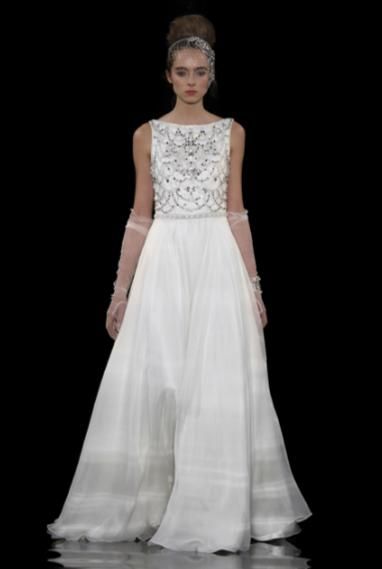 Boat neck sleeveless a-line wedding dress with silver beaded bodice