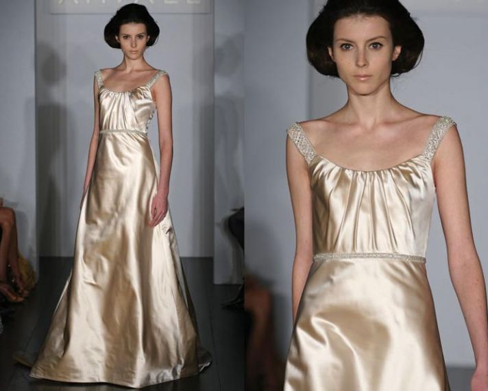 Silk dutchess satin wedding dress with draped scoop neckline, and beautiful crystal beaded straps