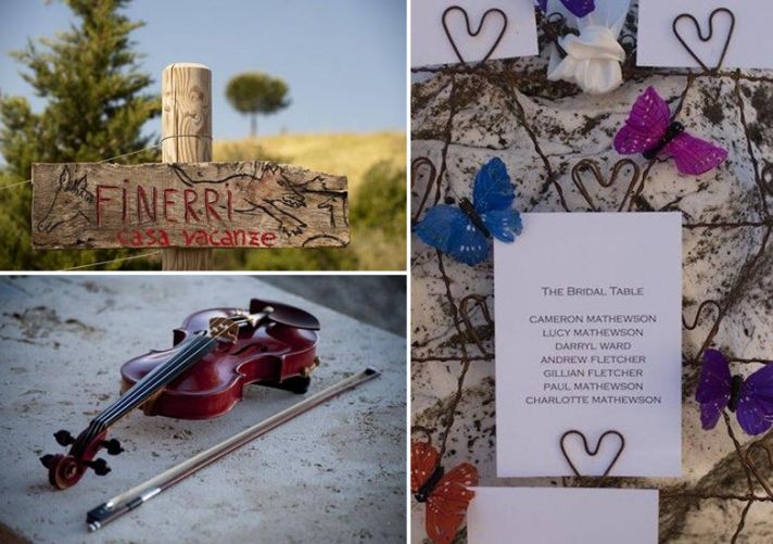Gorgeous wedding details- violin sits on stone wall; bridal table cards with purple and blue butterf