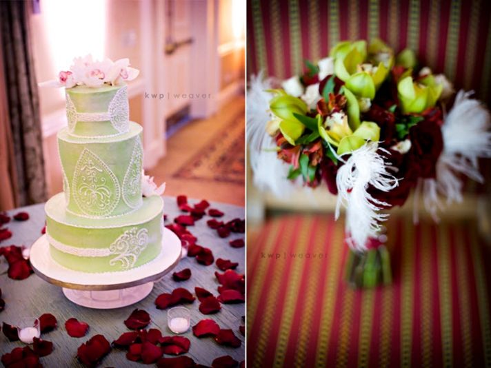 Modern chic light green round wedding cake with white lace details, surrounded by dark red rose peta
