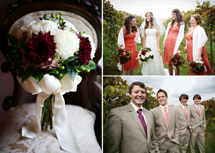 Stunning maroon and ivory bridal bouquet; bride poses with bridesmaids, who wear coral bridesmaids’ 