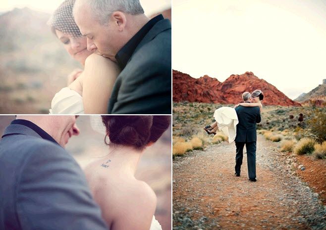Groom kisses beautiful bride’s shoulder during pre-wedding photo session in Nevada desert