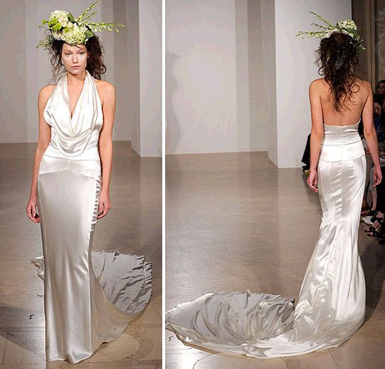 Sultry cowl neck champagne wedding dress with a curve-hugging silhouette