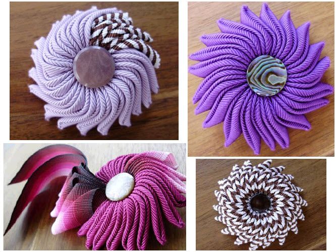 Vibrant non-traditional groom’s boutonnières and bridal brooches created from ribbon
