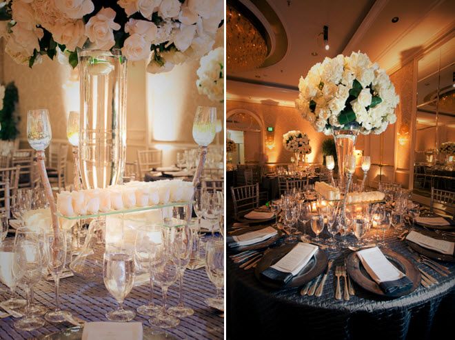 Stunning indoor wedding reception banquet room at the Four Seasons, with ivory roses and champagne t