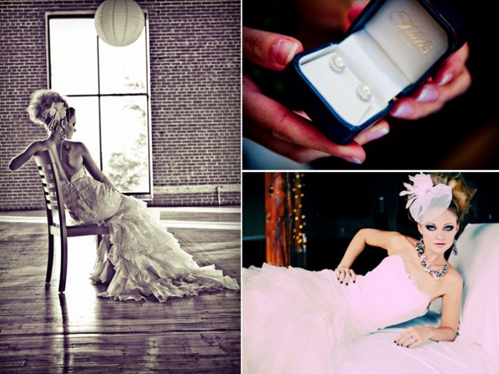 Bride in strapless wedding dress, high bridal updo, feather in hair, photographed from behind