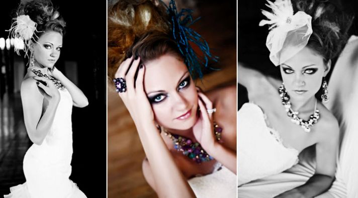 Edgy bride with strapless wedding dress, high bridal updo, poses for bridal shoot